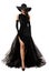 Elegant Lady in Long Black Dress and Hat. Fashion Woman in evening Luxury Gown with Slit over White. Mysterious Beautiful Girl