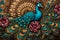 Elegant leather base combines bright color floral with exotic oriental pattern flowers and peacocks illustration background