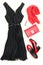 Elegant little women`s black dress and red accessories for celebration or holiday. Flat lay.