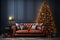elegant living room backdrop with christmas tree, and three-seater sofa