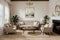 Elegant living room interior design with console, armchair and mock up poster frame. Candles, gemstones and vintage personal acces