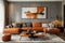 Elegant living room interior with modern orange leather sofa and stylish decor