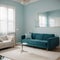 Elegant living room with teal blue wall with molding and room behind white and glass wall with big baseboard