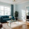 Elegant living room with teal blue wall with molding and room behind white and glass wall with big baseboard