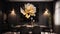 Elegant luxury black dinning room with lotus oil painting in yellow, silver and white