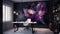 Elegant luxury black working room with purple abstract oil painting