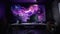 Elegant luxury black working room with purple abstract oil painting