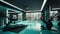 Elegant luxury dark fitness room with exercise machines with vivid turquoise colors