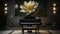 Elegant luxury dark music room with lotus oil painting in yellow and white
