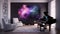 Elegant luxury dark music room with magenta abstract oil painting