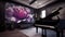 Elegant luxury dark music room with magenta lotus oil painting