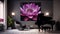 Elegant luxury dark music room with magenta lotus oil painting