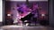 Elegant luxury dark music room with purple abstract oil painting and piano