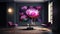 Elegant luxury dark open living room with magenta, white and black lotus oil painting