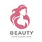 Elegant luxury pink Barbie logo with beautiful face of young adult woman with long hair. Sexy symbol silhouette of head