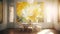 Elegant luxury white dinning room with lotus oil painting in yellow, gold and white