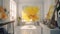 Elegant luxury white painting room with abstract oil painting in yellow and white