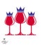 Elegant luxury wineglasses with king crown, graphic artistic vector goblets collection. Three full glasses of red wine vector ill