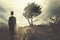 Elegant man with his suitcase traveling in a surreal place