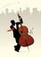 Elegant man silhouette playing double bass on skyline city