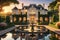 Elegant Mansion Bathed in the Warm Glow of Sunset - Manicured Gardens with a Fountain Centerpiece Reflecting Tranquil Beauty