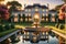 Elegant Mansion Bathed in the Warm Glow of Sunset - Manicured Gardens with a Fountain Centerpiece Reflecting Tranquil Beauty