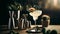 Elegant Margarita with a floral garnish, focus on the artistic presentation, elegant glassware, blurred bar tools in the