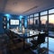 Elegant meeting room with blue tables and cityscape views