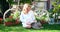 Elegant middle age woman sitting in the grass reading book in the romantic provence decoration garden