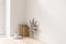 Elegant minimal home office still life composition. Grey folded paper star, cup of coffee, books. Wooden table