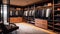 Elegant minimalist male walk in wardrobe with clothes hanging on rods, shelves and drawers.