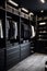 Elegant minimalist male walk in wardrobe with clothes hanging on rods, shelves and drawers.