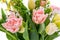 Elegant mixed tulips spring bouquet close up on white background. Spring tulips. Tulips bouquet.