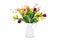 Elegant mixed tulips spring bouquet in white vase on white background. Spring tulips. Tulips bouquet cut out.