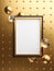 Elegant Mock Up Poster Gold Frame Template. Glass Golden Bubbles 3D Rendering. Gold Background