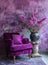 Elegant monochrome purple scene with a velvet armchair