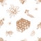 Elegant monochrome seamless pattern with hand drawn bees, honeycomb, linden leaves and blooming meadow flowers on white