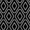 Elegant monochromic seamless pattern of decorated diamonds over black background.
