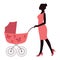 Elegant mother in pink dress with stroller