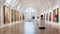 Elegant museum interior with stunning white walls and ceiling-high windows filled with variety of art pieces