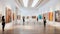 Elegant museum interior with stunning white walls and ceiling-high windows filled with variety of art pieces