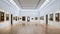 Elegant museum interior with stunning white walls and ceiling-high windows filled with variety of art pieces