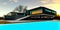 Elegant night illumination of the black facade, pool and territory of the contemporary estate. 3d rendering