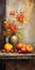 Elegant Oil Painting Of Citrus Fruit And Flowers In Applecore Style