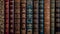 Elegant old books with decorative spines on a shelf. Concept of vintage literature, decorative bookbinding, and classic