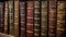 Elegant old books with decorative spines on a shelf. Concept of vintage literature, decorative bookbinding and classic