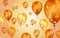 Elegant orange Flying helium Balloons with Bokeh Effect and glitter. Wedding, Birthday and Anniversary Background. Vector