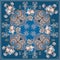 Elegant oriental paisley ornament and bunches of roses on blue background. Shawl, tablecloth, square carpet