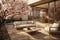 Elegant outdoor lounge area with modern furniture, blooming cherry trees, and a seamless transition to interior space