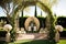 elegant outdoor wedding with trellises and arches as backdrops